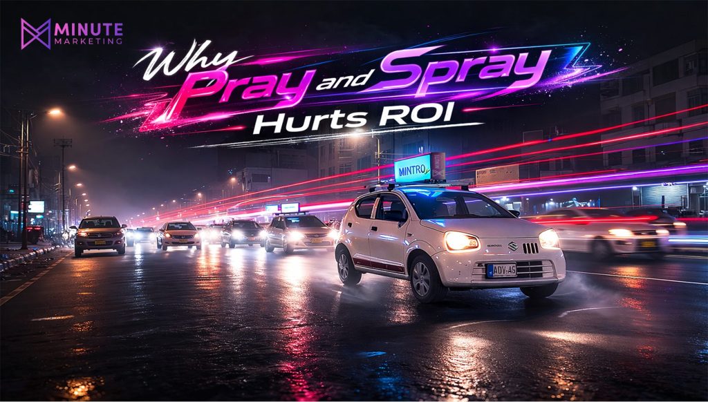 A mobile digital advertising car in Islamabad at night with a side facing digital screen and a subtle data overlay.