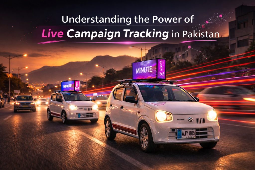 Pakistan Minute Marketing car on an Islamabad road with live campaign tracking overlays showing impressions and location.